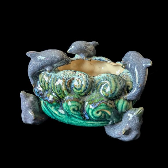 Dolphin Ceramic Vintage Majolica Cachepot GUC* - Picture 1 of 7